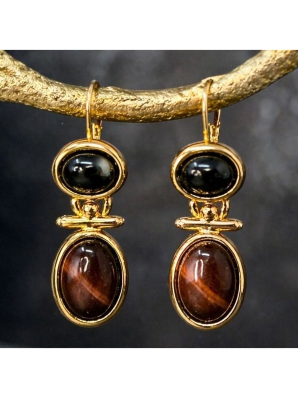 Vintage Weingeroff Gold Black Amber Drop Earrings Leverback 1980s New Old Stock